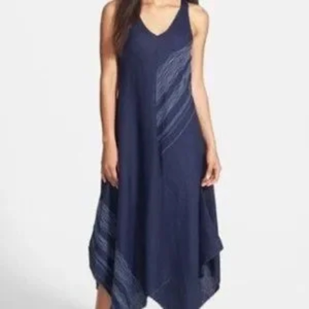 EILEEN FISHER Navy Blue Irish Linen Asymmetric Handkerchief Hem Dress LARGE